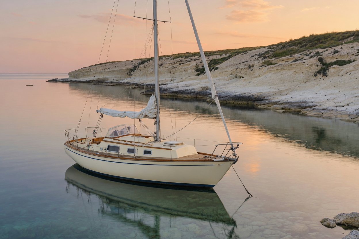 A cream cruising sailboat at anchor off a limestone coast