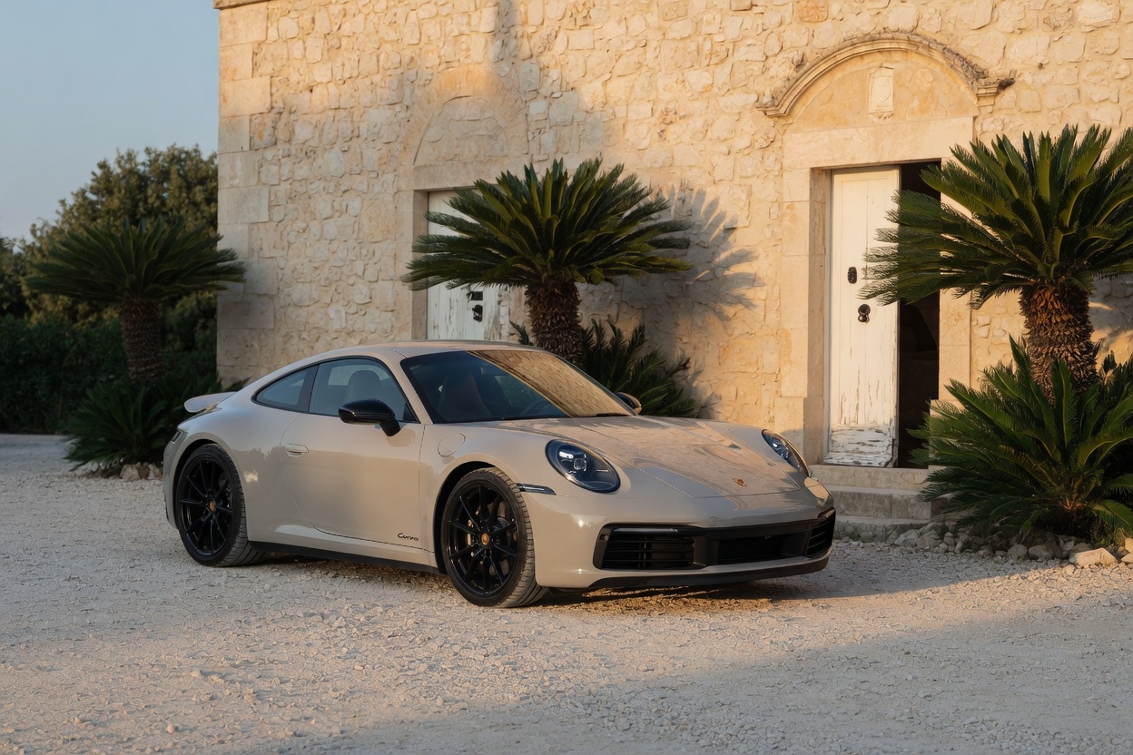 A Porsche 911 Carrera parked on a pale gravel court
