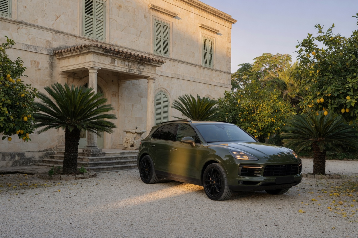 A Porsche Cayenne parked on a pale gravel court