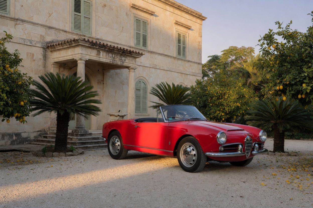 A red Alfa Romeo Giulia Spider, top down, parked on a pale gravel court
