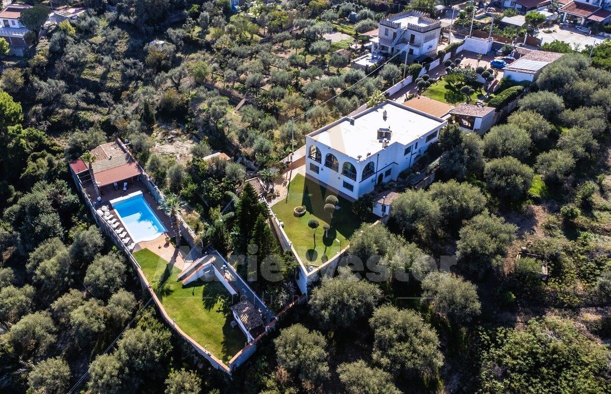 Aerial of a white villa with arched windows, an olive grove, and a pool on a lower tiled-roof terrace