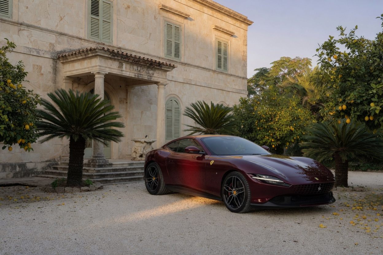 A dark red Ferrari Roma parked on a pale gravel court