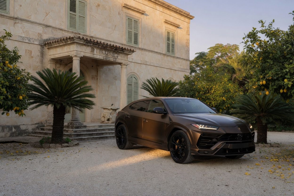 A dark bronze Lamborghini Urus parked on a pale gravel court